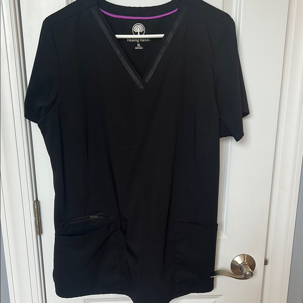 Healing Hands Black scrub set with Purple Trim
